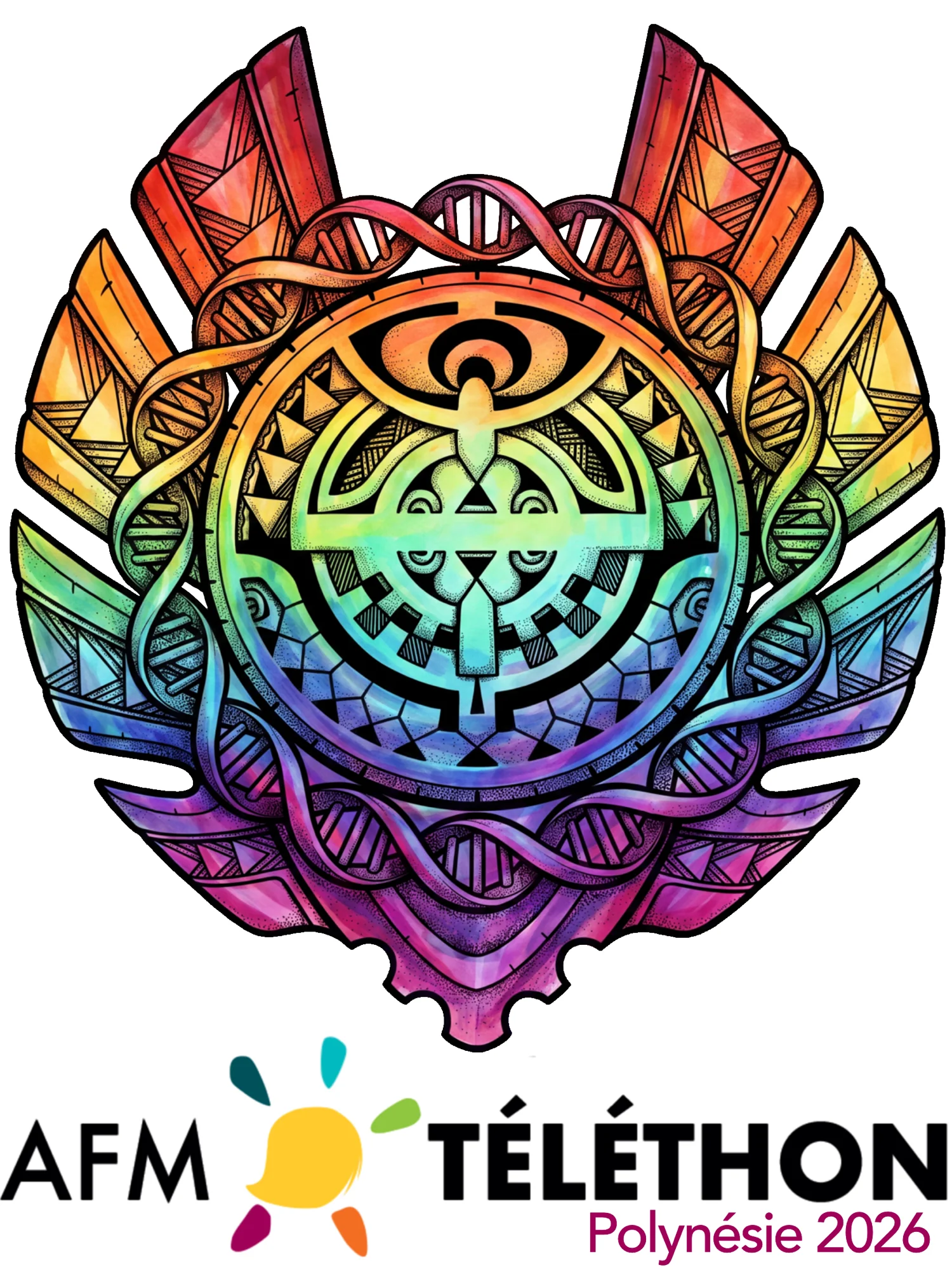 Téléthon Polynésie 2026 back artwork: tiki medallion and DNA helix in a red-to-violet gradient