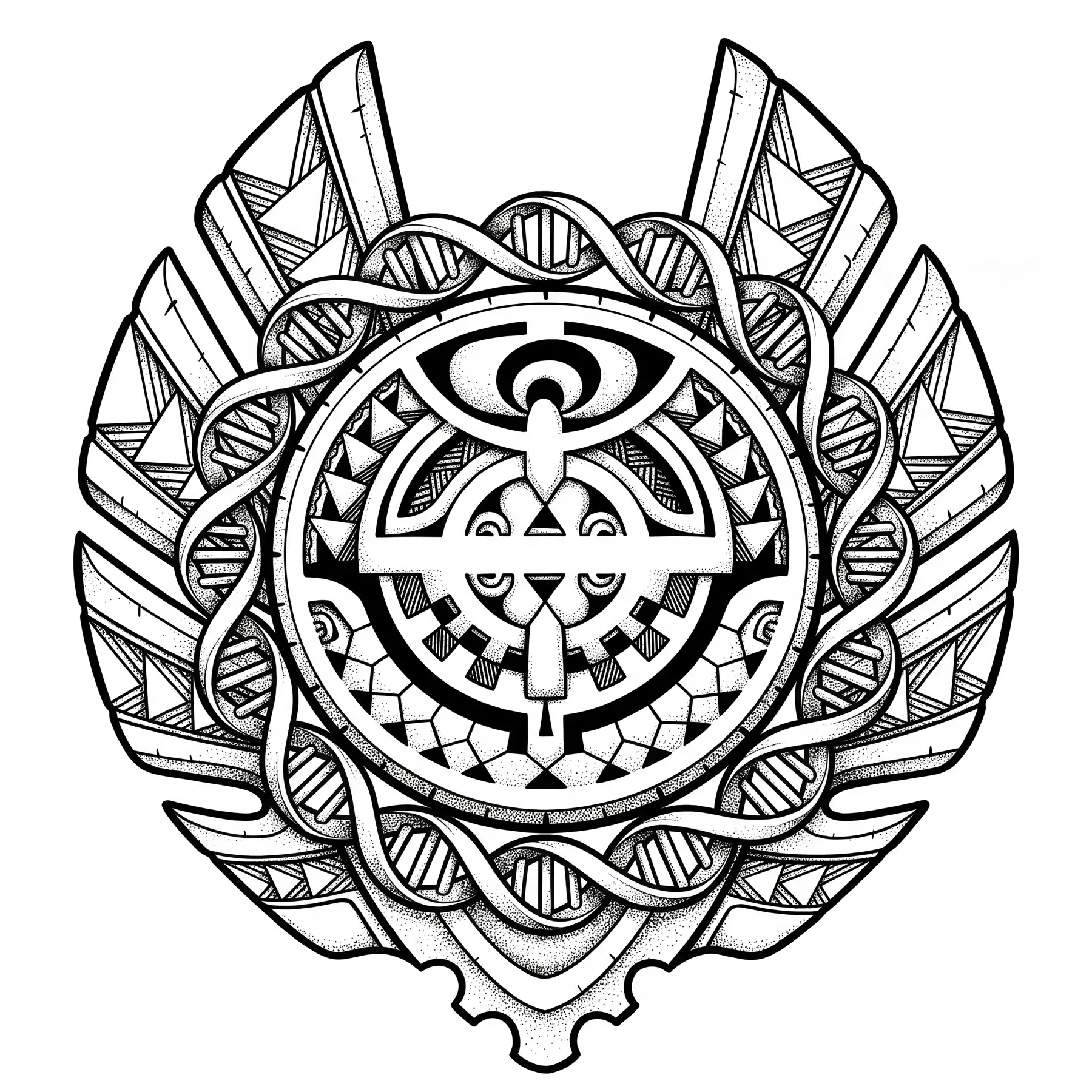 Line art of the Téléthon 2026 back emblem: a tiki medallion wrapped in a DNA double helix, framed by carved blades