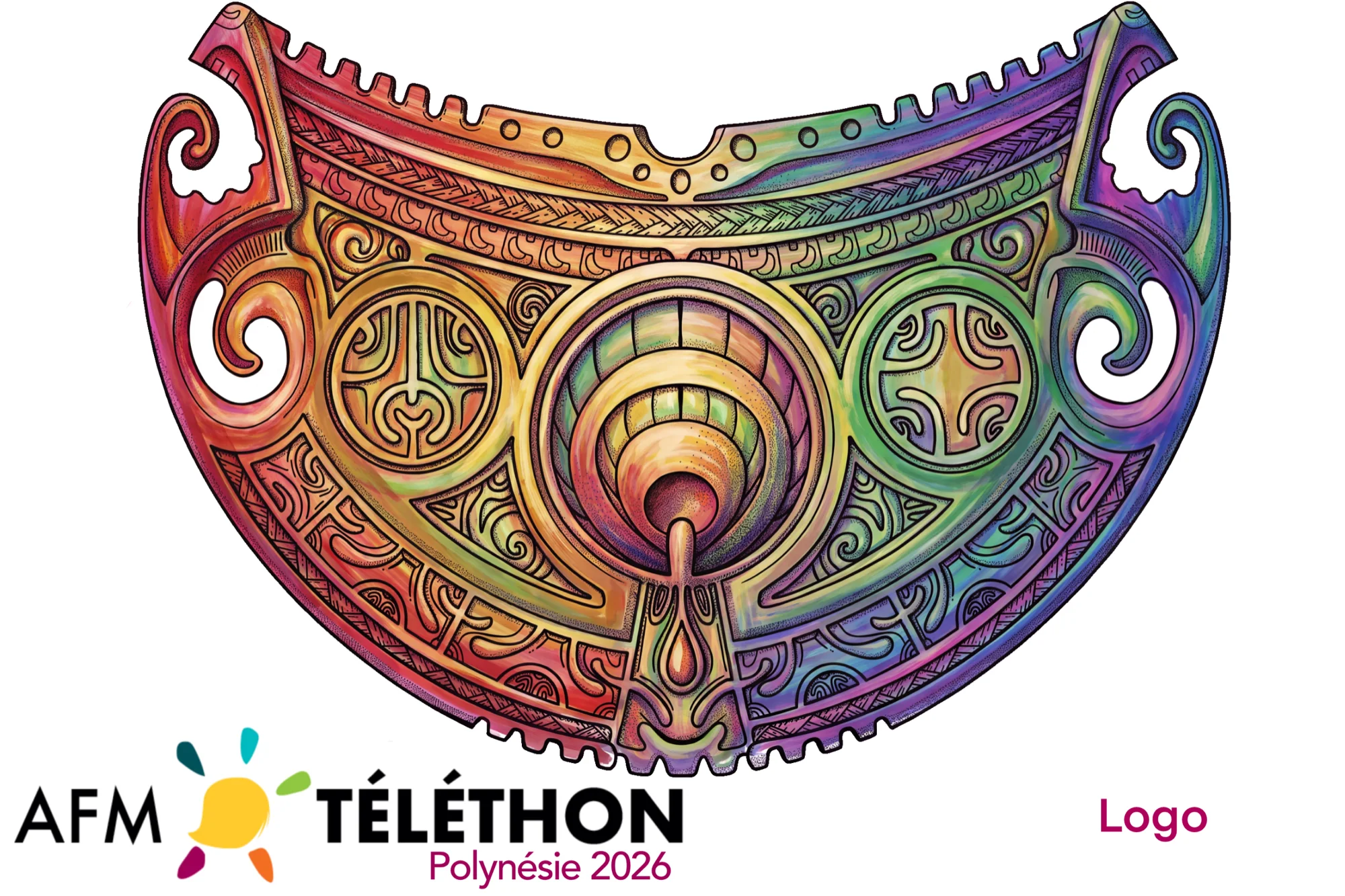 Téléthon Polynésie 2026 — warrior breastplate and double helix illustration