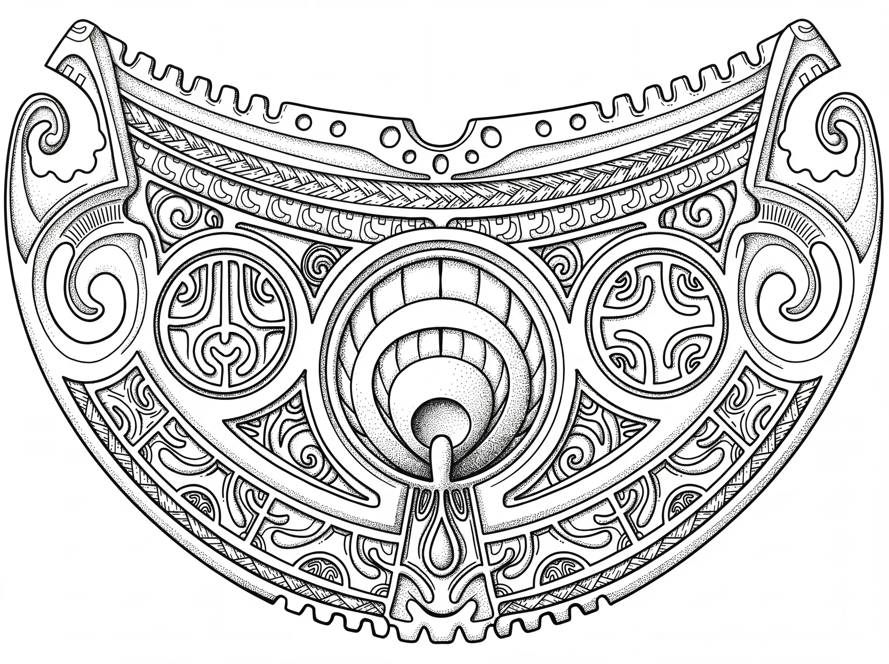 Black and white line art of the Téléthon 2026 taumi breastplate before colouring