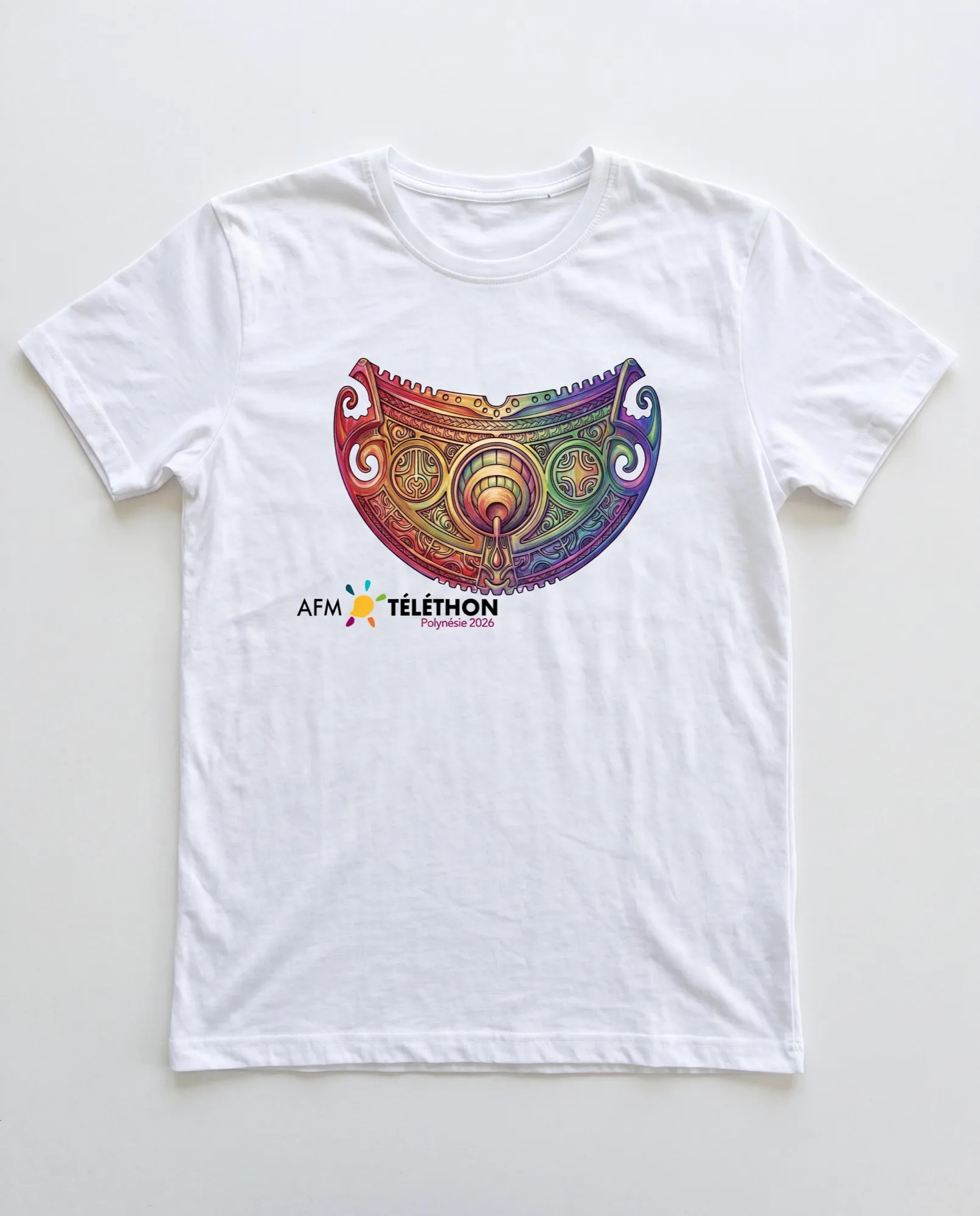 White t-shirt mockup showing the Téléthon Polynésie 2026 breastplate printed on the chest